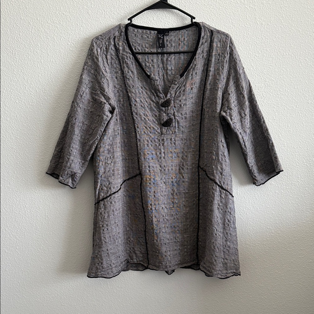 Focus Casual Life Linen Blend Lagenlook Textured V-neck Top Size Small